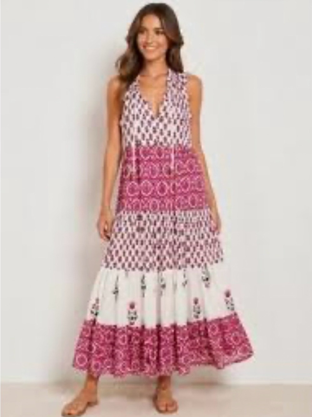 Chelsea & Theodore Tiered Maxi Dress Size XL Women Boho Floral Pink Block Print